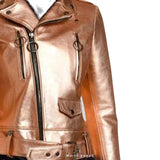 Women's Rose Gold Metallic Belted Biker Jacket – view 3