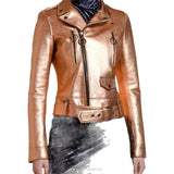 Women's Rose Gold Metallic Belted Biker Jacket – view 4