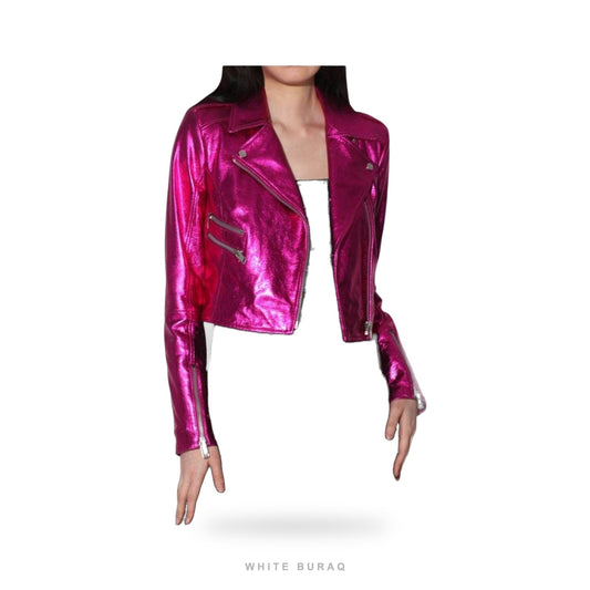 Women's Metallic Pink Lambskin Cropped Biker Jacket