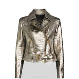 Women's Metallic Silver Croc-Embossed Belted Biker Jacket