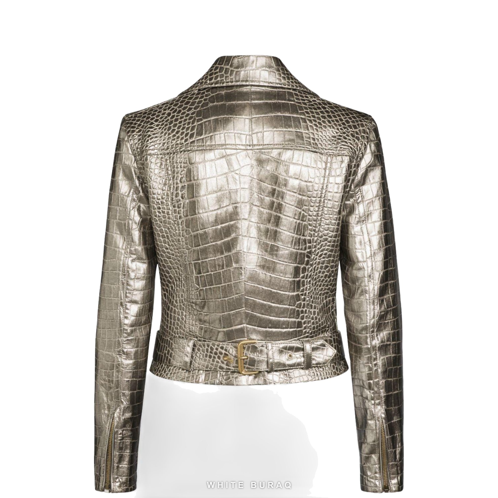 Women's Metallic Silver Croc-Embossed Belted Biker Jacket – view 2