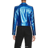 Women's Metallic Blue Lambskin Cropped Biker Jacket – view 2
