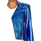 Women's Metallic Blue Lambskin Cropped Biker Jacket – view 3