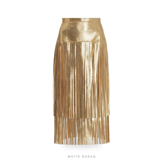 Women's Metallic Gold Leather Fringe Skirt