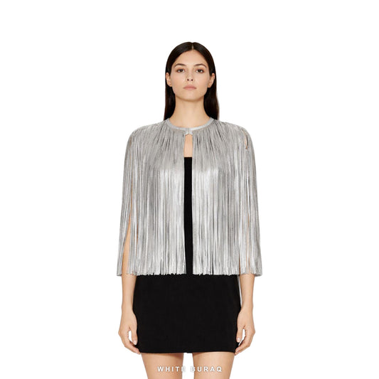 Women's Silver Metallic Fringe Cape Jacket