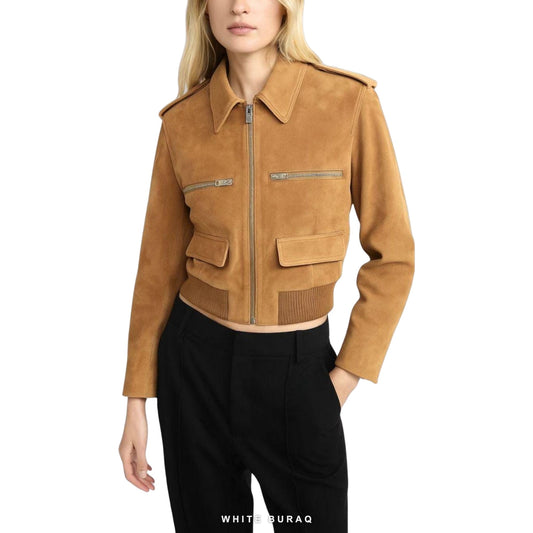 Women's Camel Suede Cropped Bomber Jacket
