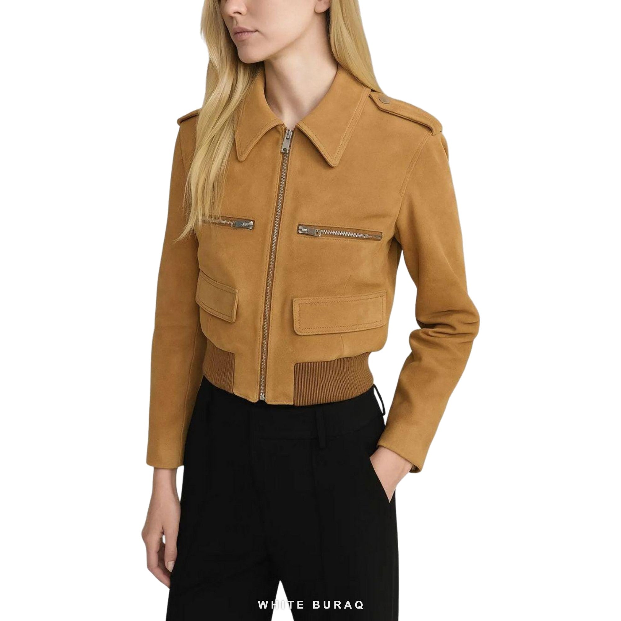 Women's Camel Suede Cropped Bomber Jacket – view 3