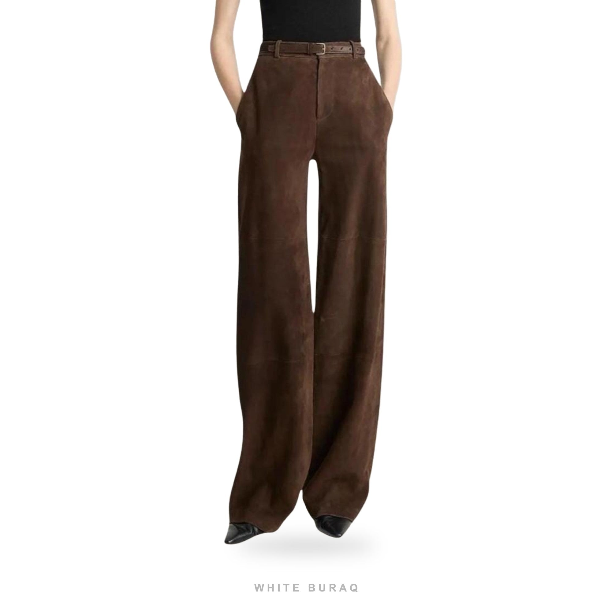 Women's Brown Suede High-Waist Wide-Leg Trousers