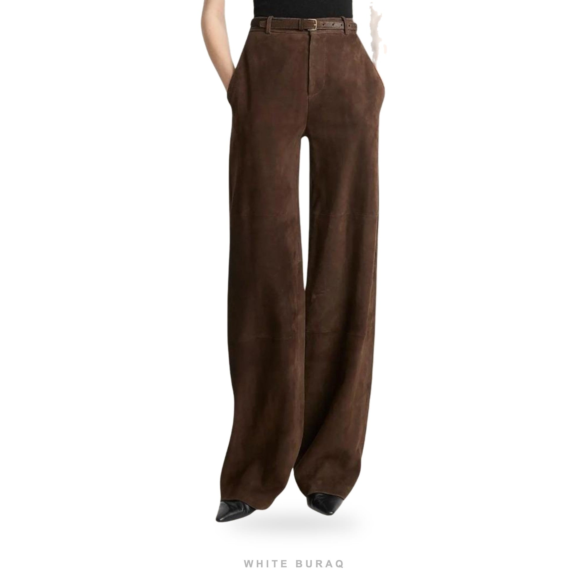 Women's Brown Suede High-Waist Wide-Leg Trousers – view 4