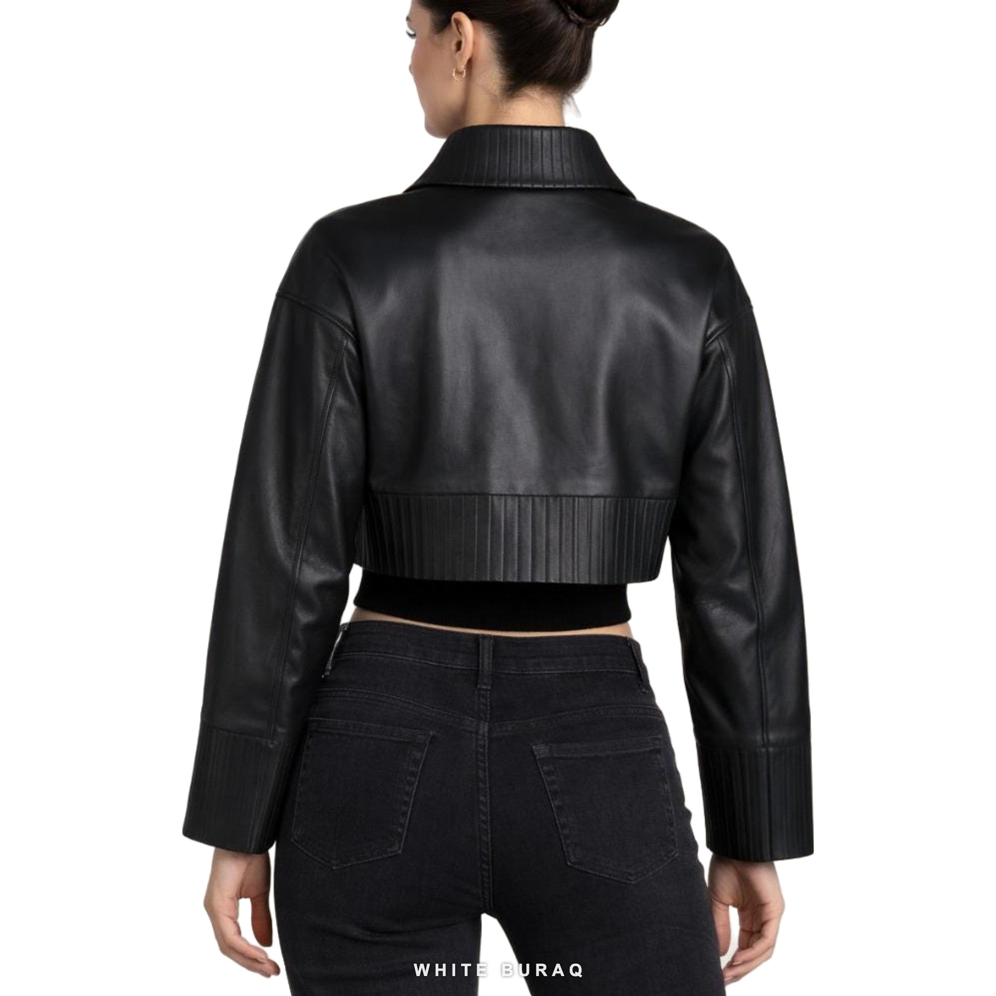 Women's Black Leather Cropped Ribbed-Trim Zip Jacket – view 2