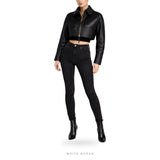 Women's Black Leather Cropped Ribbed-Trim Zip Jacket – view 3