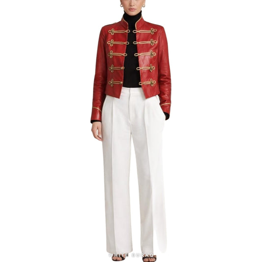Women's Red Leather Cropped Military Band Jacket