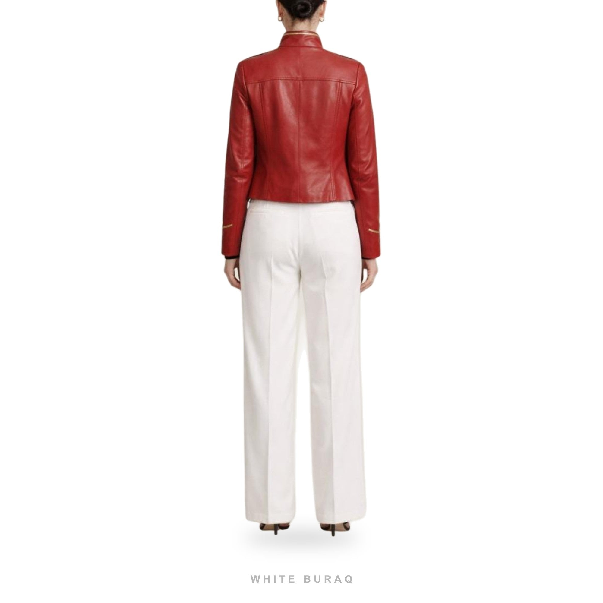 Women's Red Leather Cropped Military Band Jacket – view 2