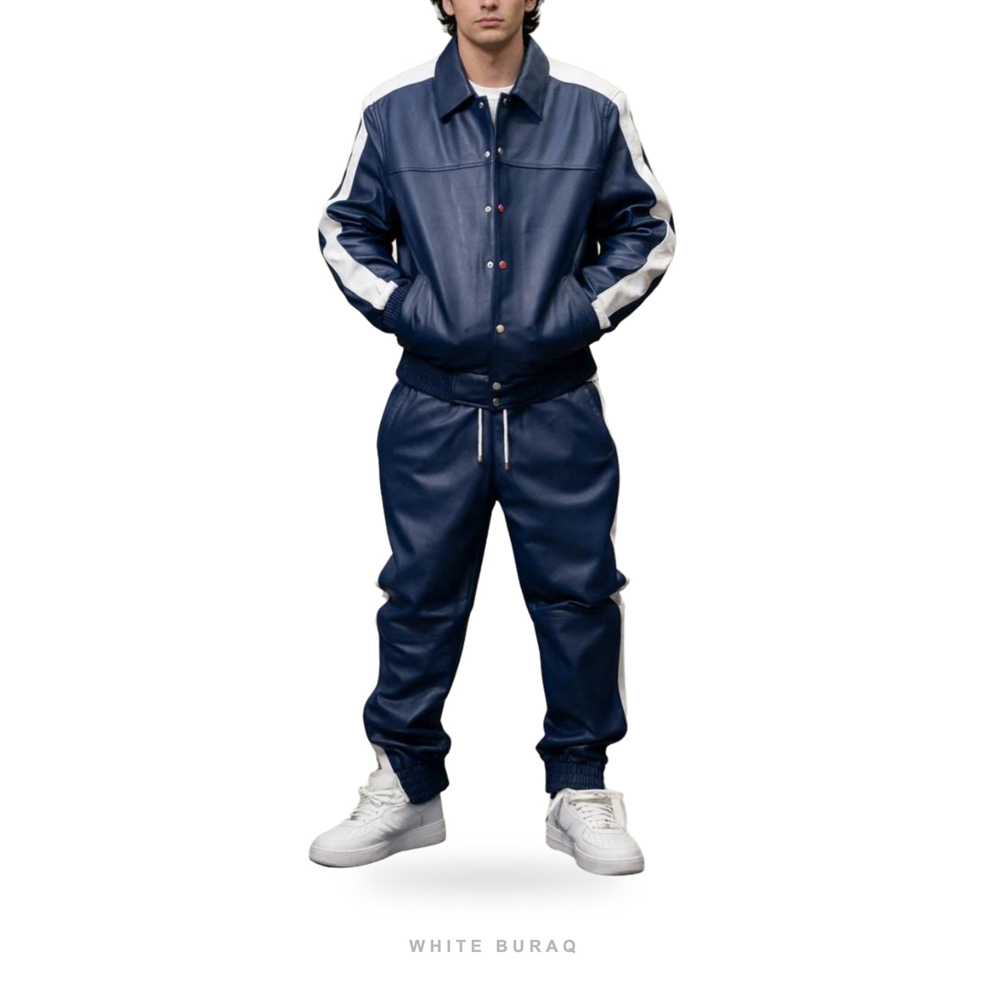 Men's Blue Leather Varsity Tracksuit Set