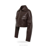 Women's Brown Leather Cropped Zip Jacket with Flap Pockets