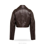 Women's Brown Leather Cropped Zip Jacket with Flap Pockets – view 2