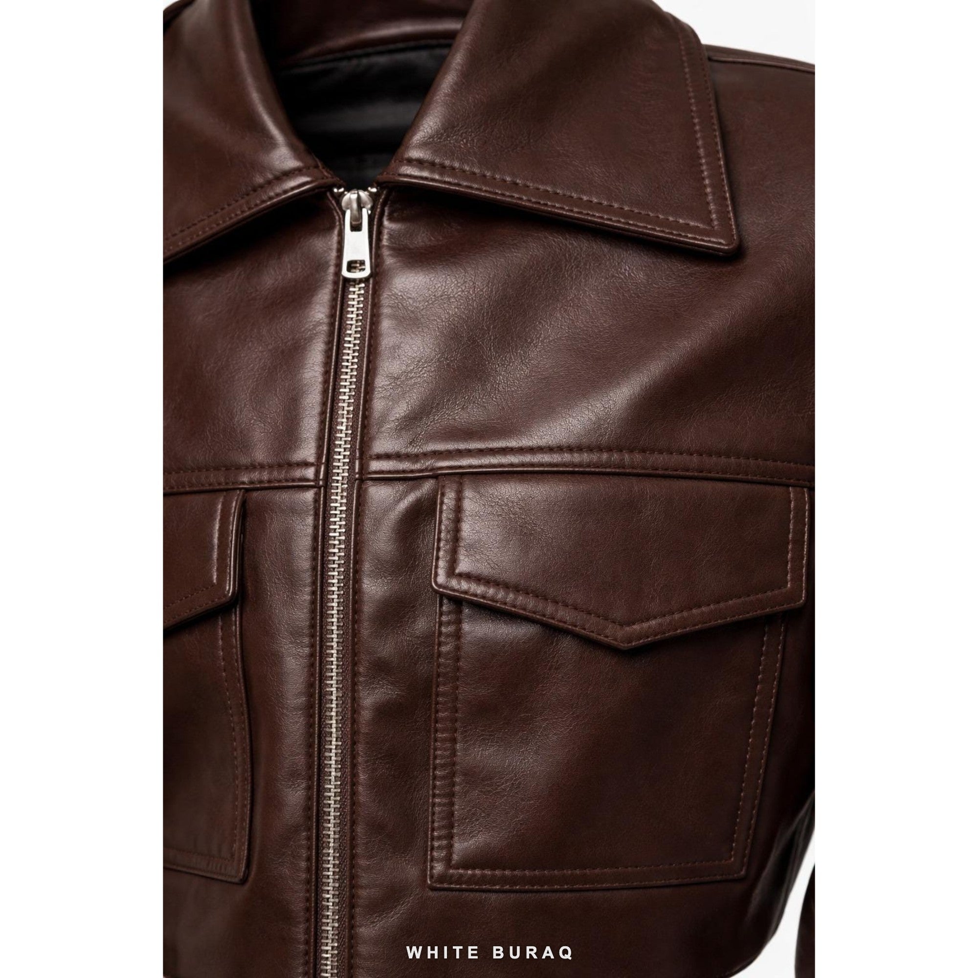 Women's Brown Leather Cropped Zip Jacket with Flap Pockets – view 3