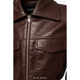Women's Brown Leather Cropped Zip Jacket with Flap Pockets – view 3