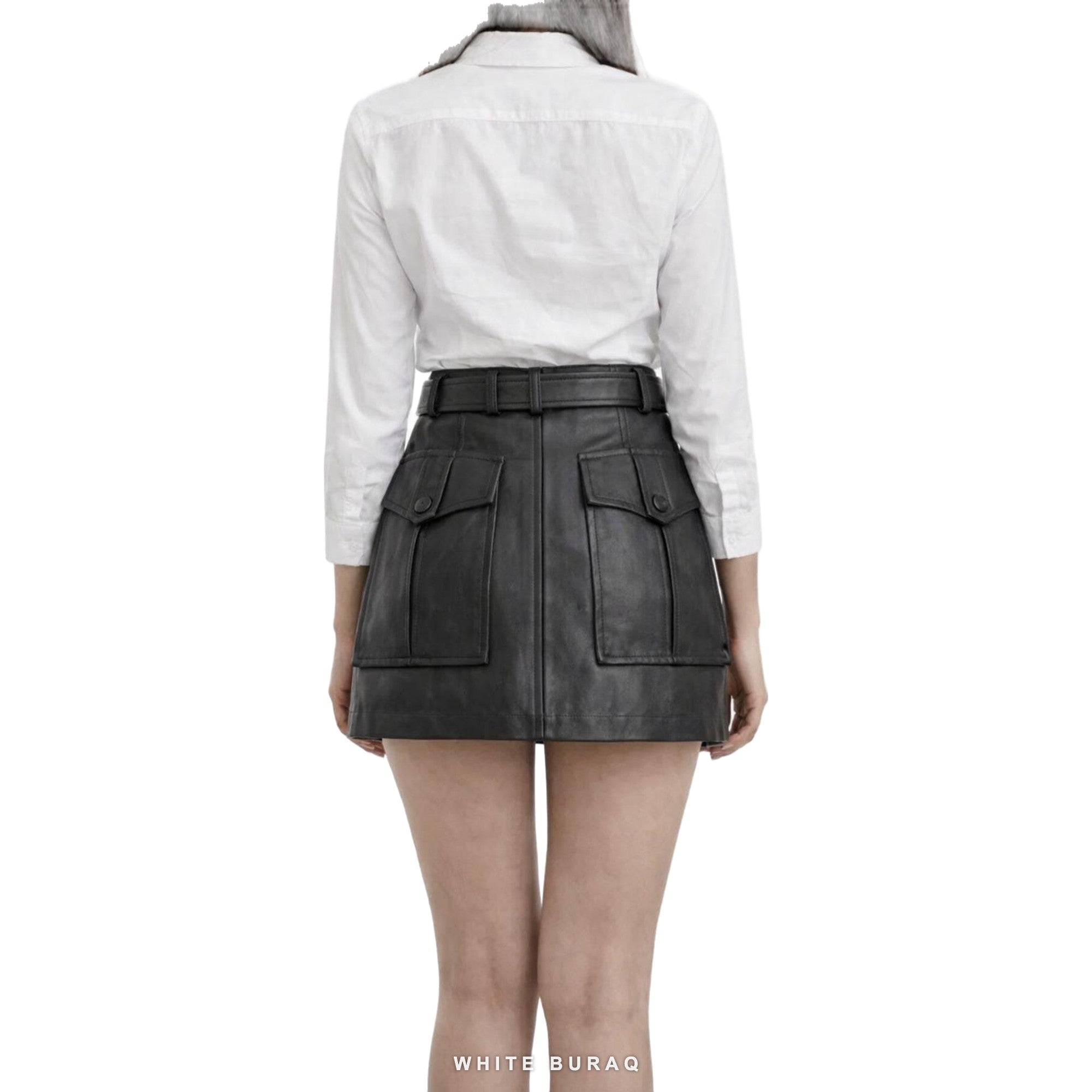 Women's Black Leather High-Waist Cargo Mini Skirt – view 2