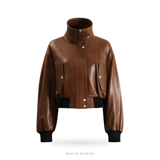 Women's Brown Leather High-Neck Cropped Bomber