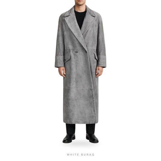 Men's Grey Suede Double-Breasted Long Coat