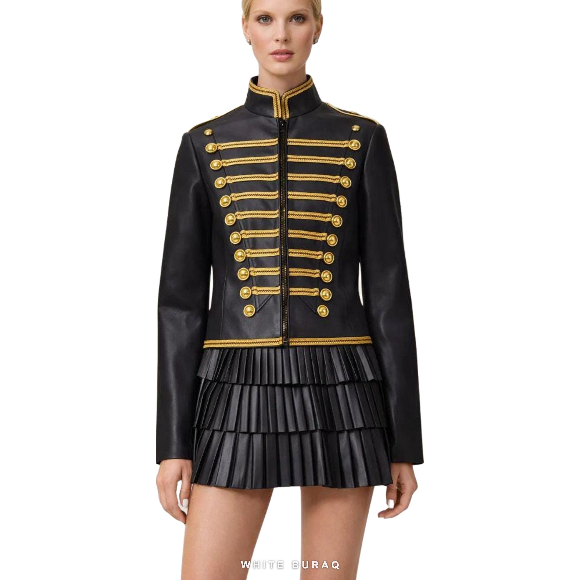 Women's Black Leather Military Jacket with Gold Braid