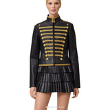 Women's Black Leather Military Jacket with Gold Braid
