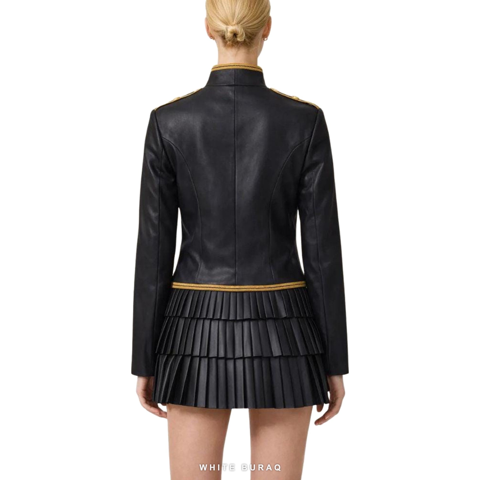Women's Black Leather Military Jacket with Gold Braid – view 2