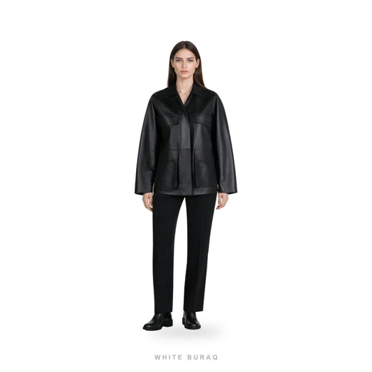 Women's Black Leather Utility Overshirt Jacket