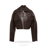 Women's Chocolate Brown Leather Cropped Zip Jacket