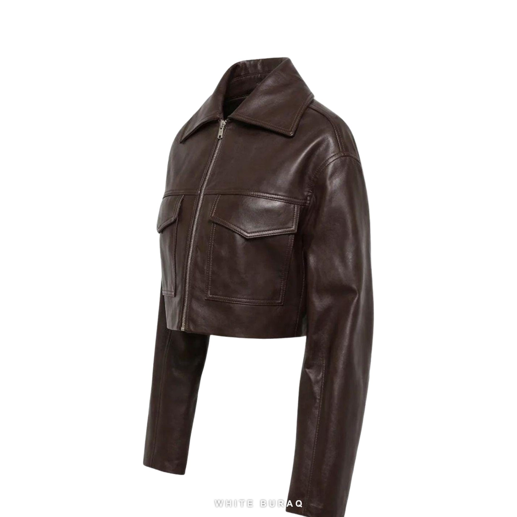 Women's Chocolate Brown Leather Cropped Zip Jacket – view 3