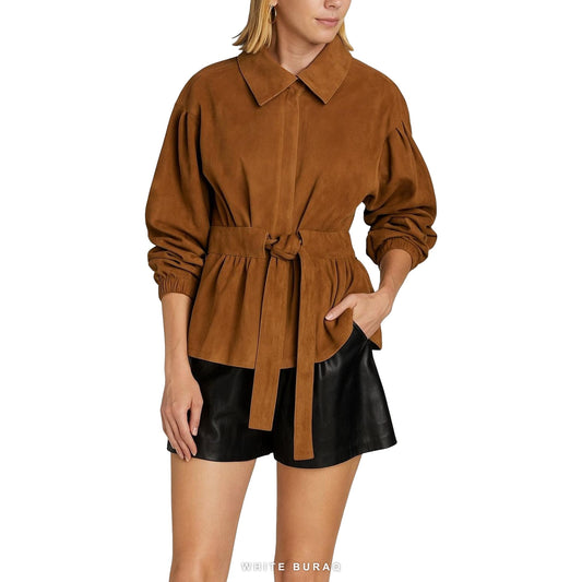 Women's Brown Suede Tie-Belt Jacket