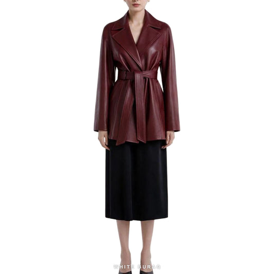 Women's Burgundy Leather Belted Wrap Blazer