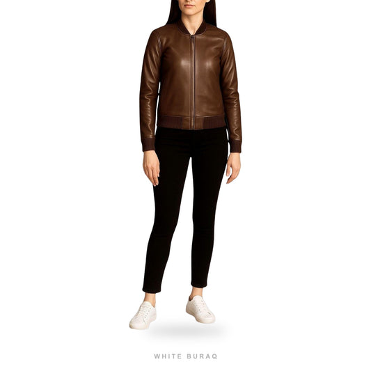 Women's Brown Leather Relaxed Ribbed Bomber
