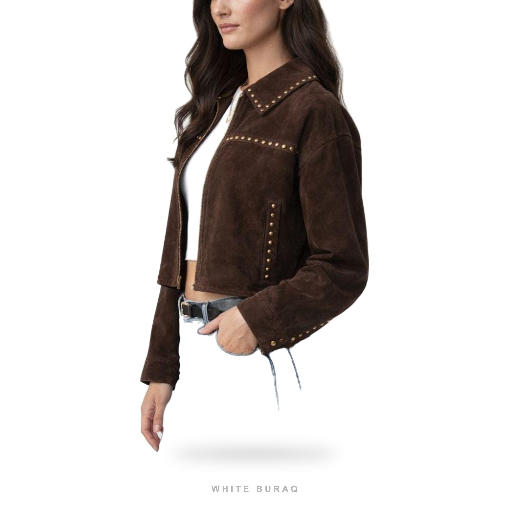 Women's Brown Suede Studded Cropped Bomber – view 2