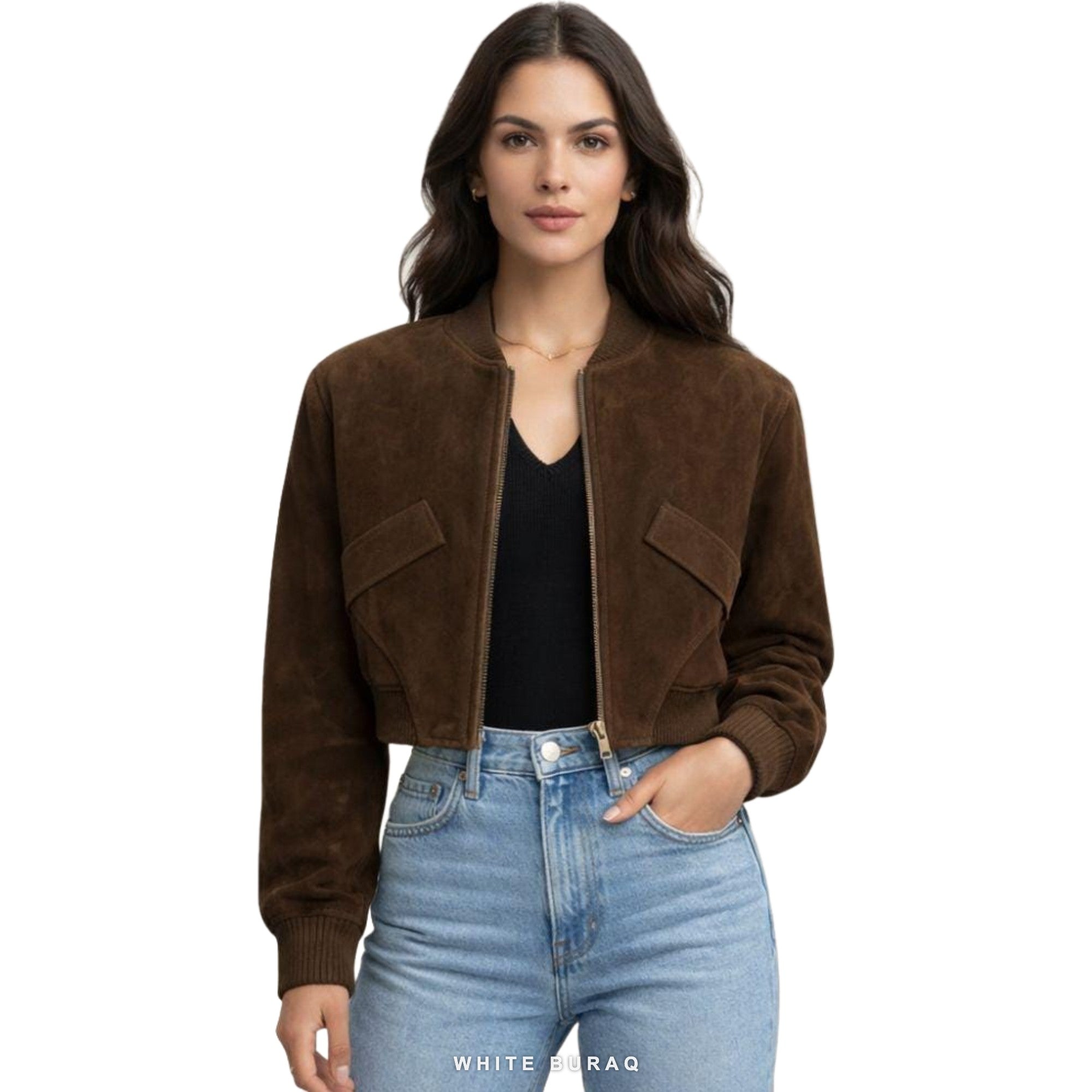 Women's Dark Brown Suede Cropped Zip Bomber