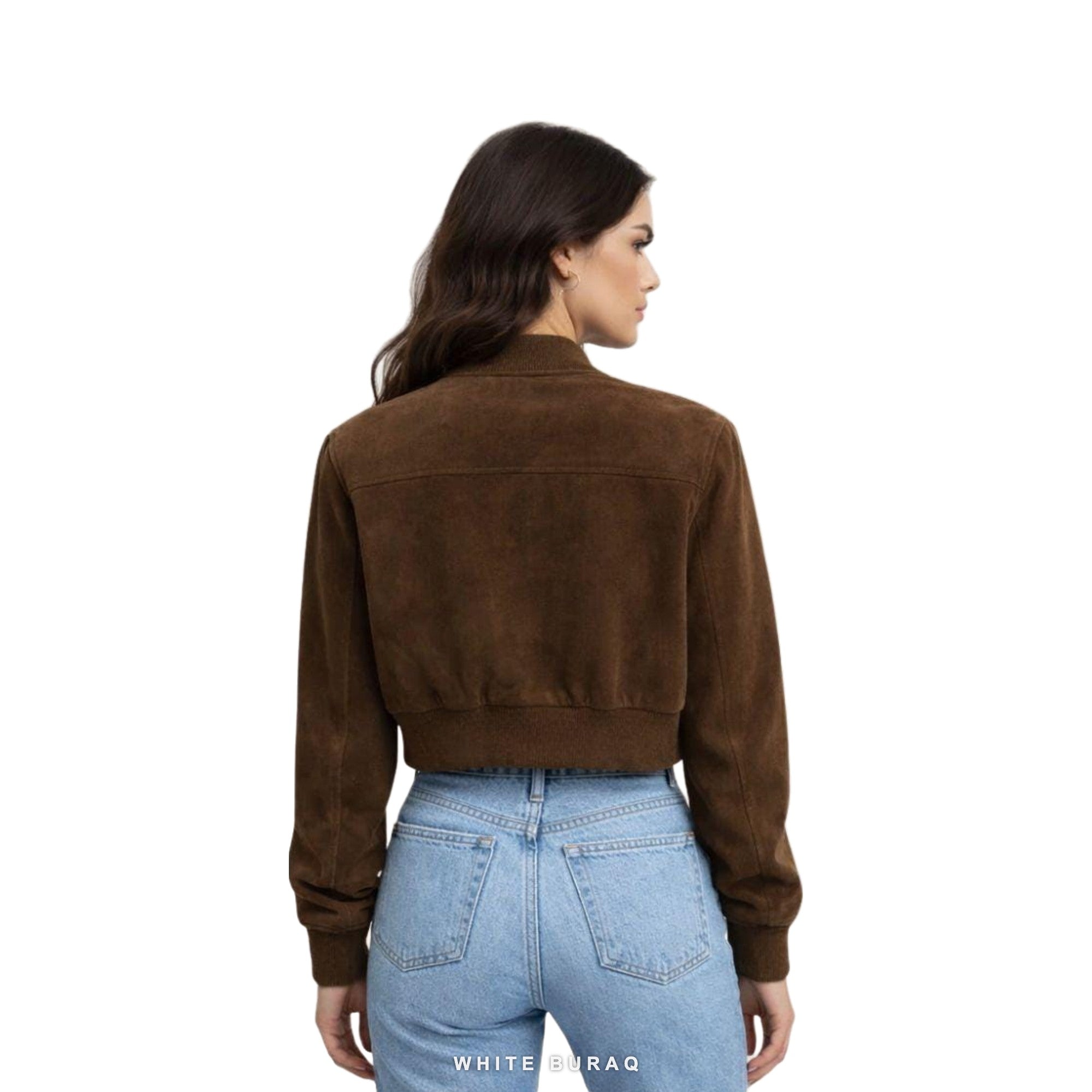 Women's Dark Brown Suede Cropped Zip Bomber – view 2