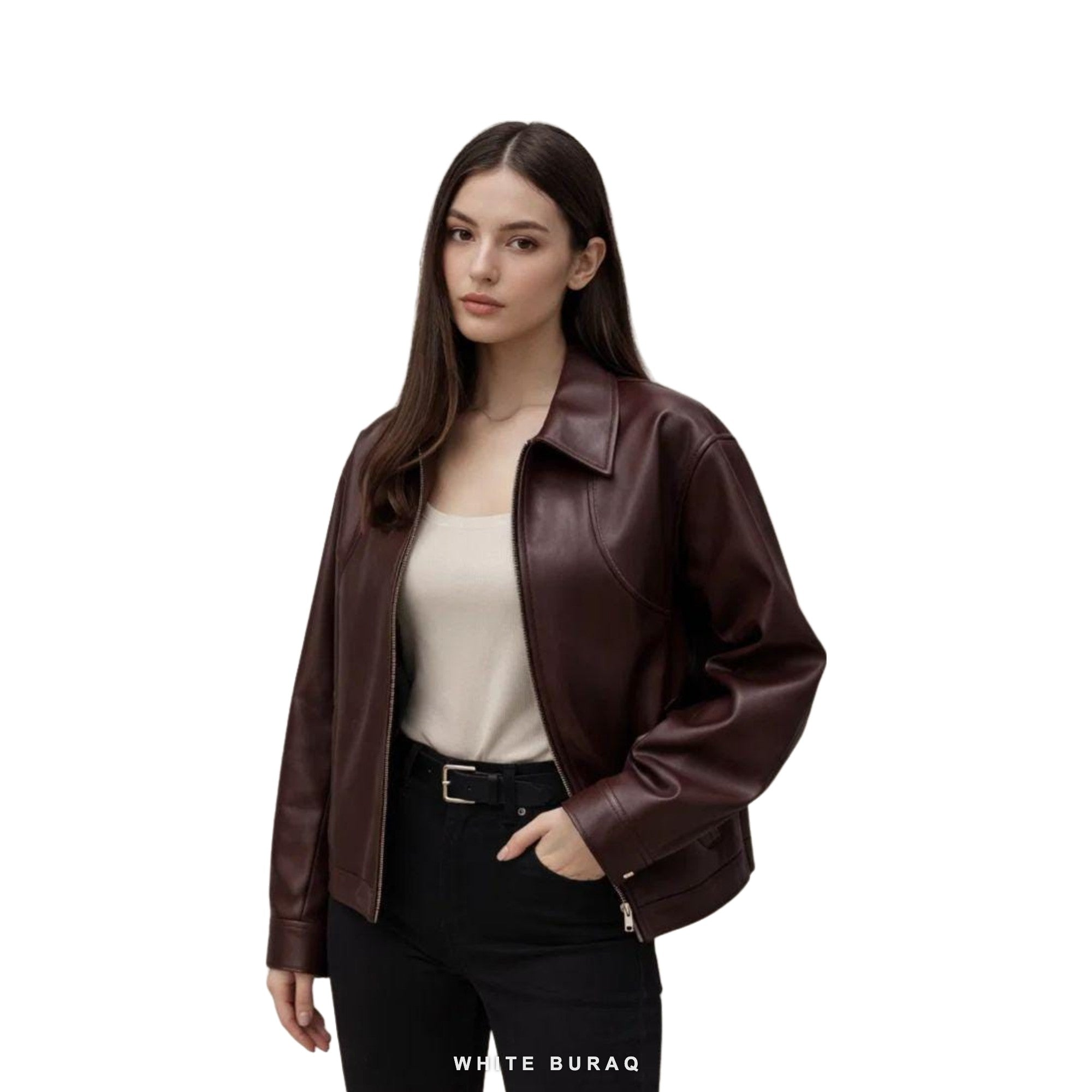 Women's Burgundy Leather Minimal Zip Jacket