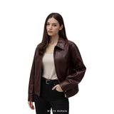 Women's Burgundy Leather Minimal Zip Jacket