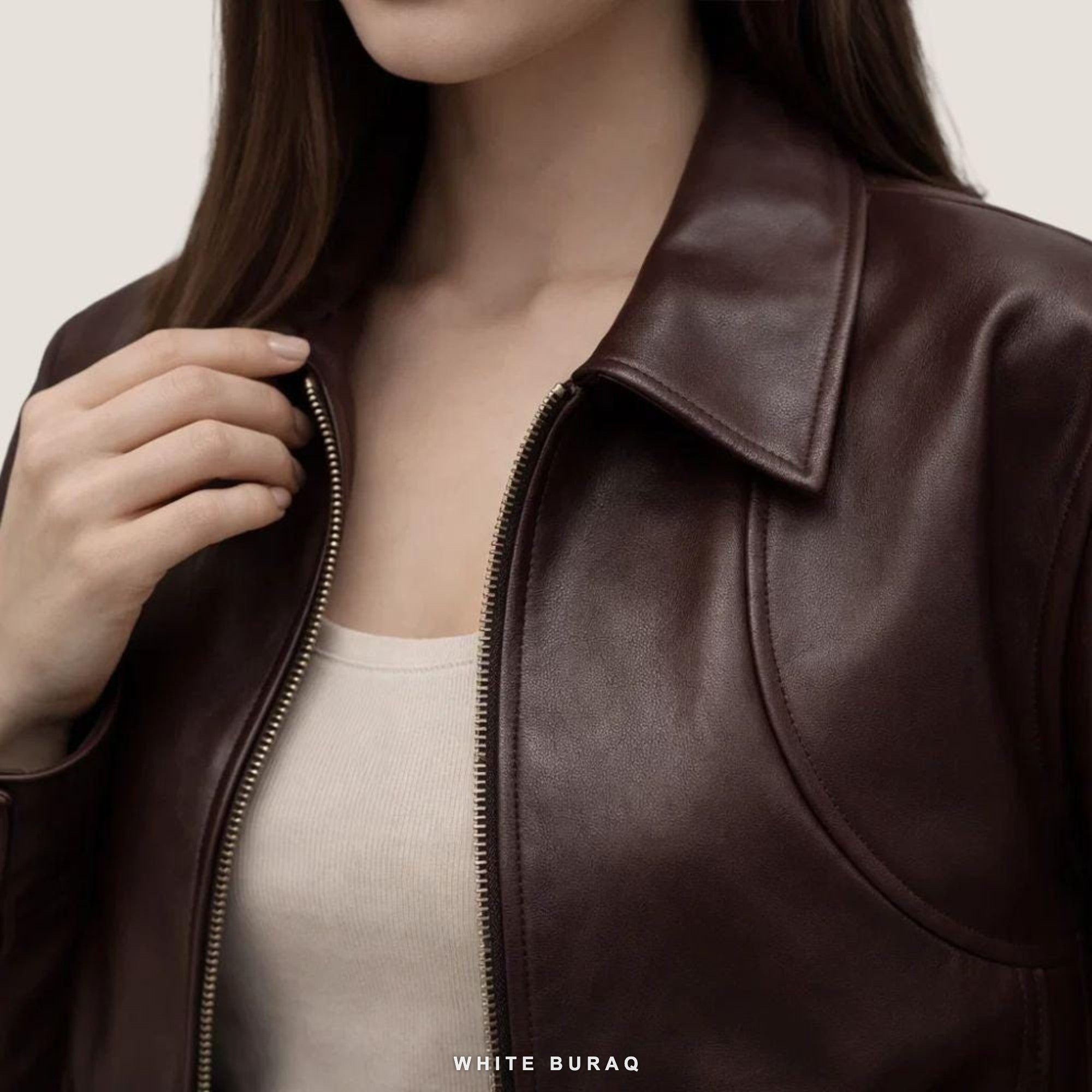 Women's Burgundy Leather Minimal Zip Jacket – view 3