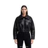 Women's Black Leather Cropped Utility Biker Jacket