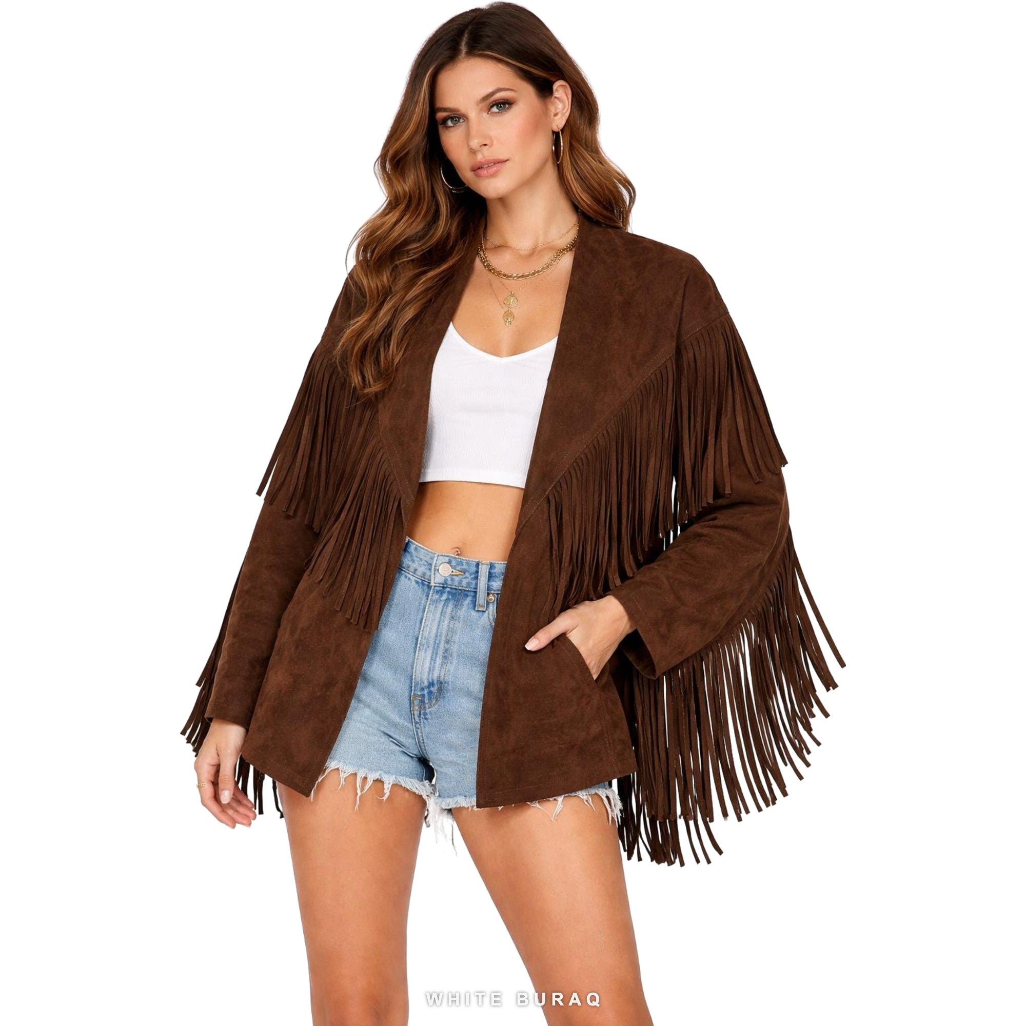 Women's Brown Suede Open-Front Fringe Jacket