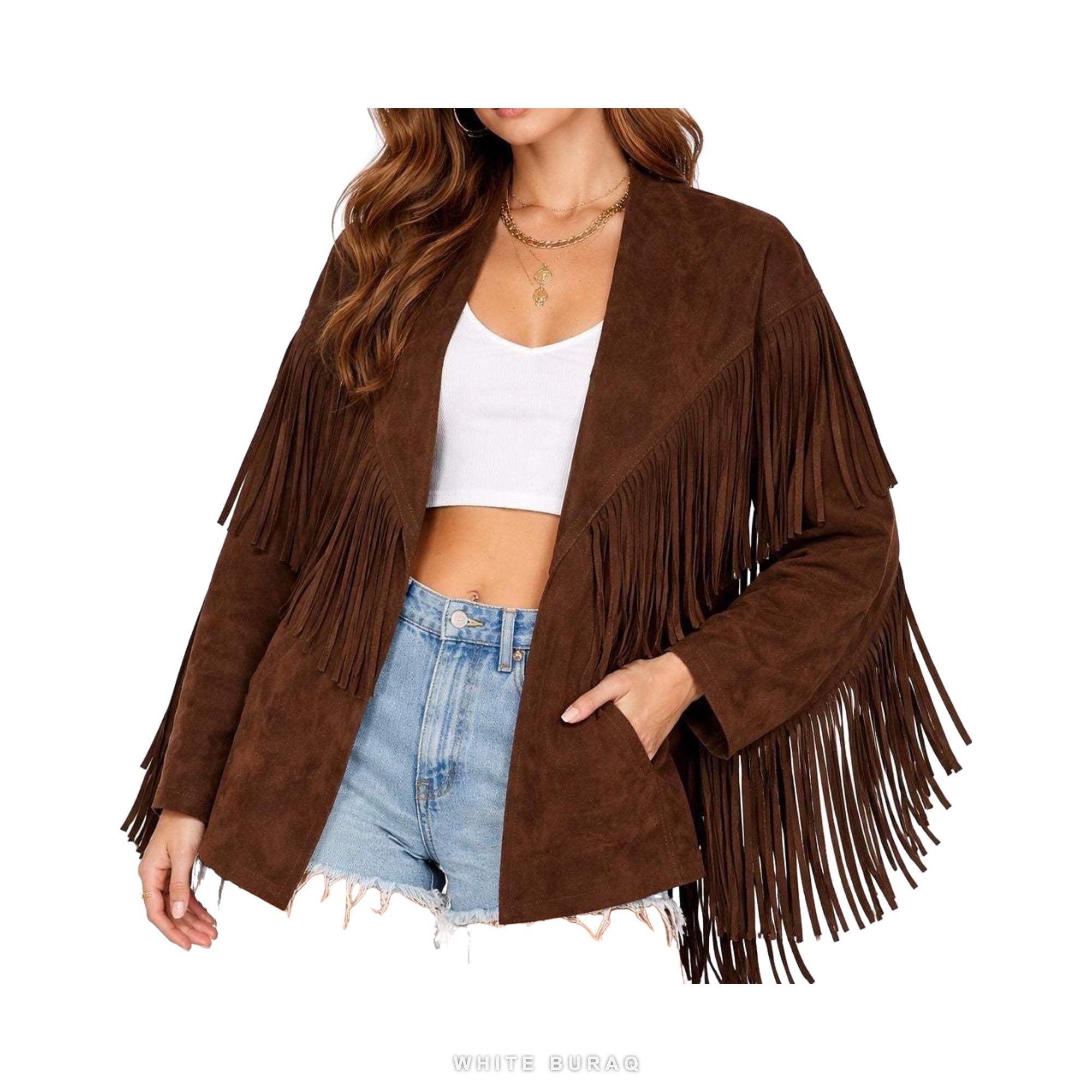 Women's Brown Suede Open-Front Fringe Jacket – view 3