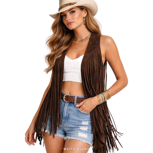 Women's Dark Brown Suede Long Fringe Vest