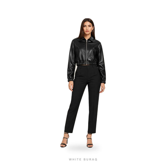 Women's Black Leather Minimal Cropped Zip Bomber