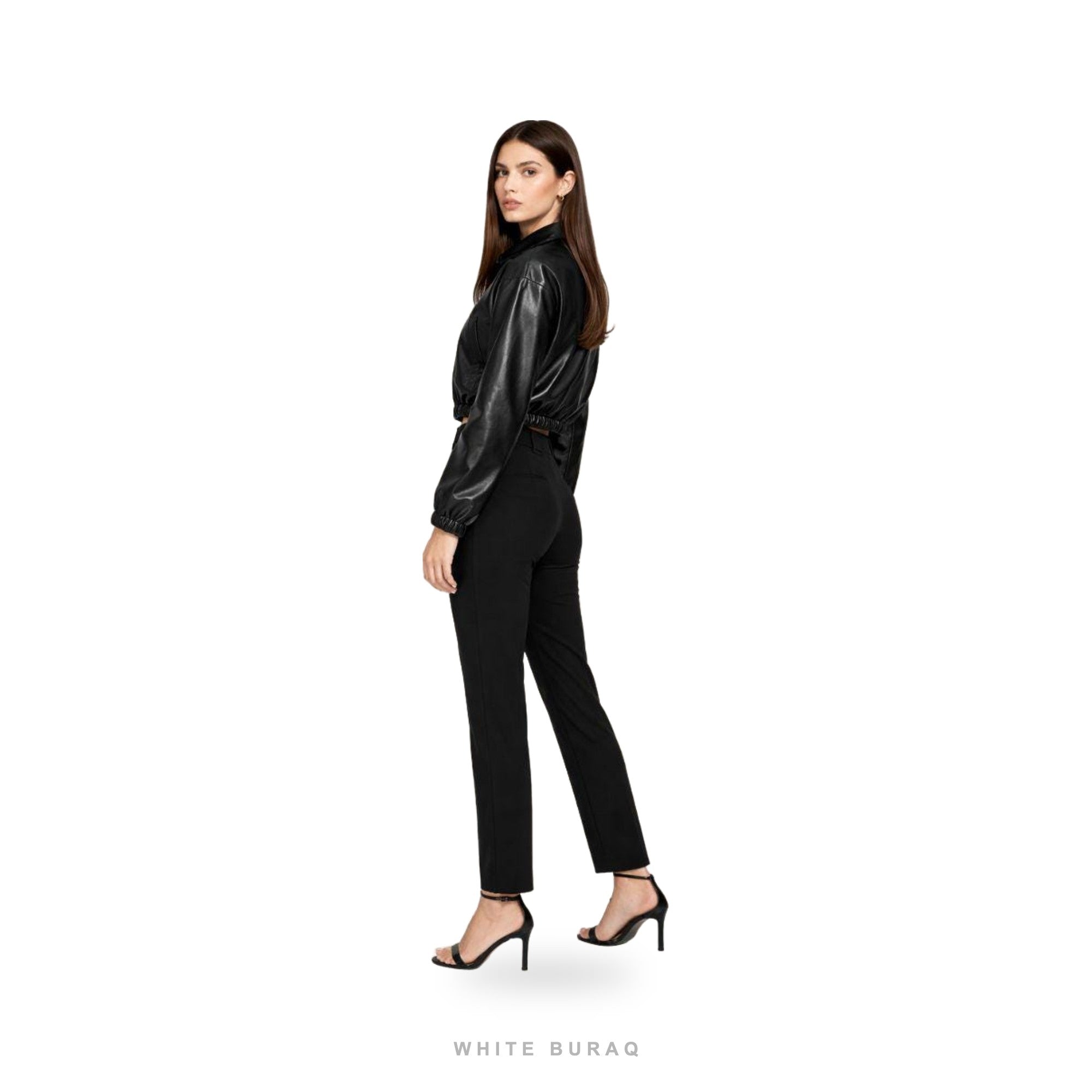Women's Black Leather Minimal Cropped Zip Bomber – view 3