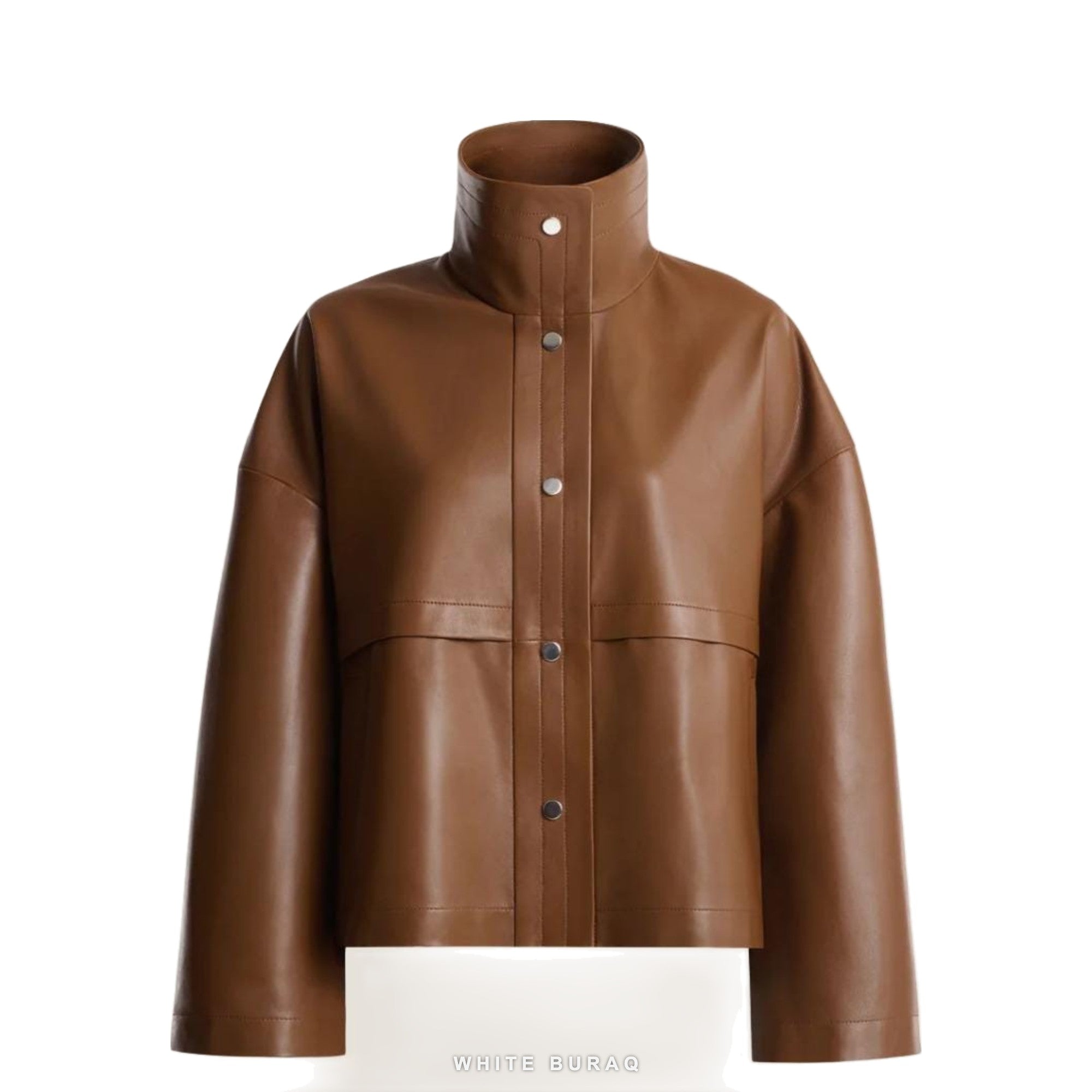 Women's Brown Leather High-Neck Boxy Jacket – view 2