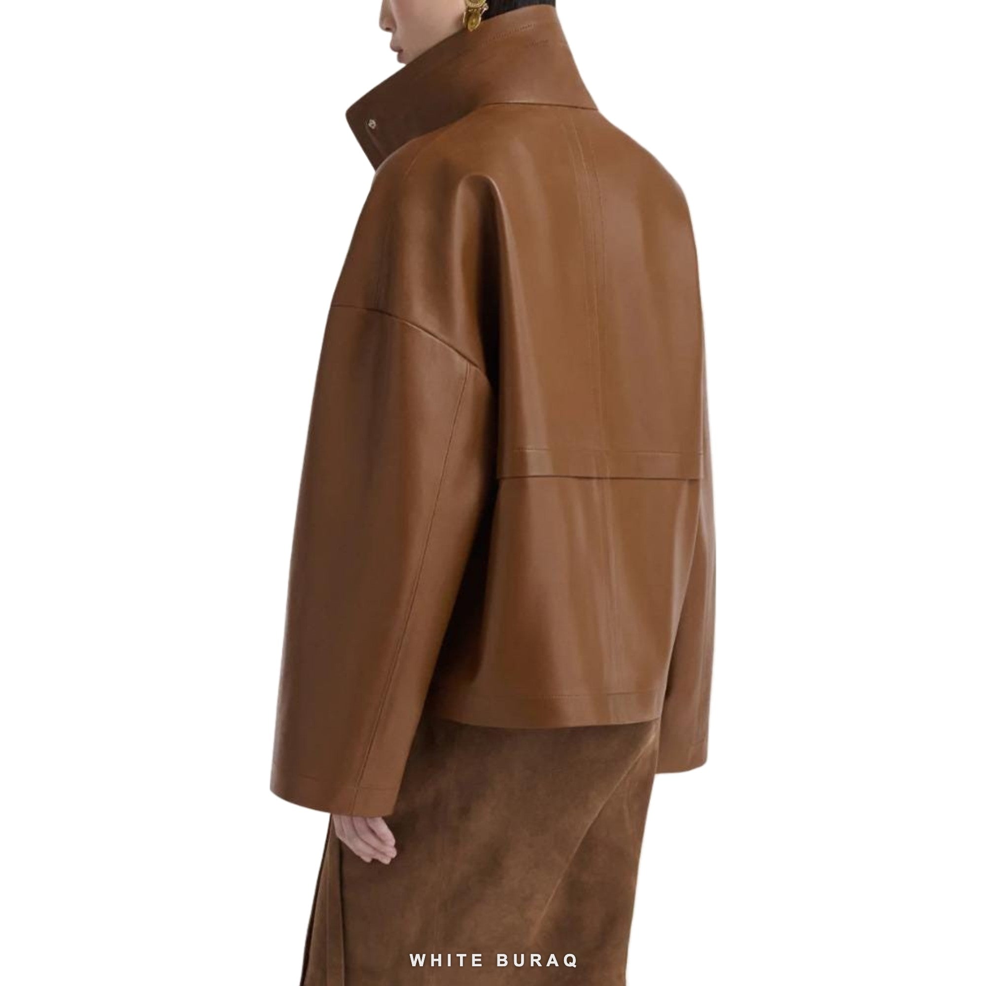 Women's Brown Leather High-Neck Boxy Jacket – view 4