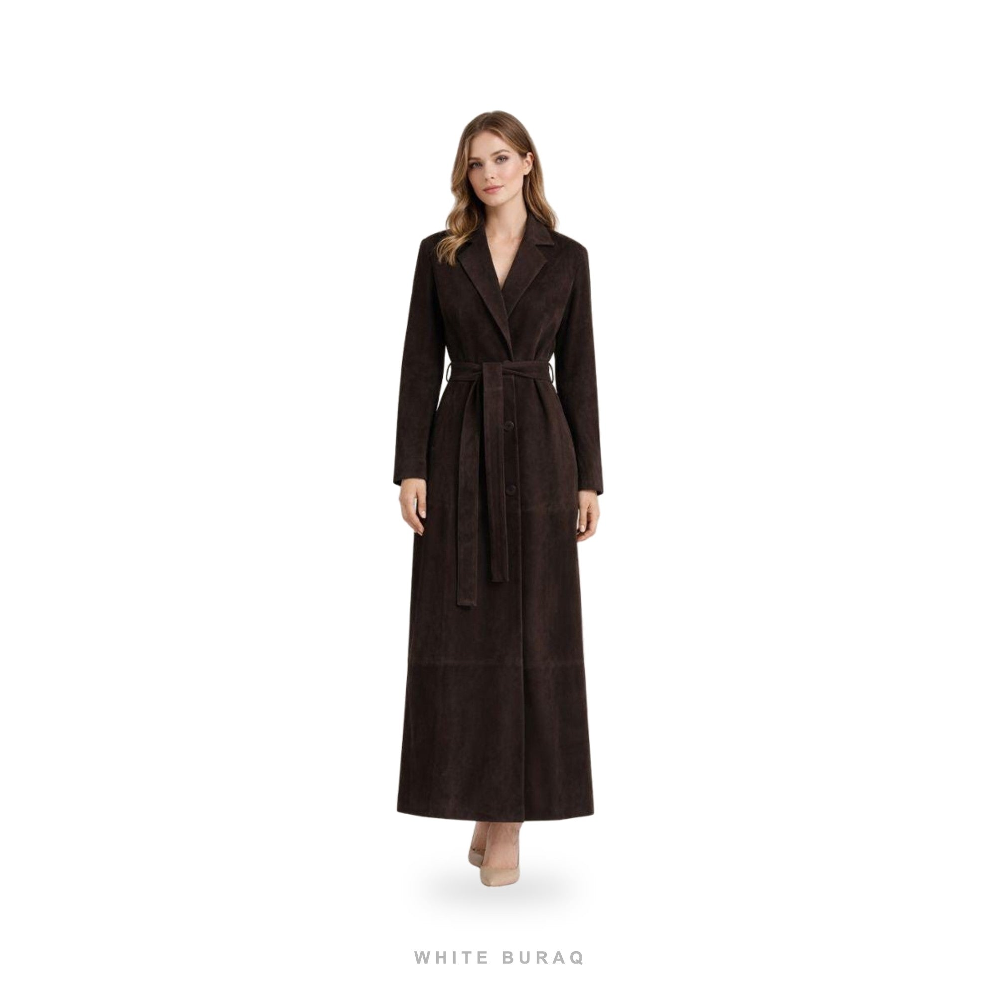 Women's Dark Brown Suede Belted Lapel Trench