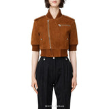 Women's Brown Suede Cropped Short-Sleeve Bomber